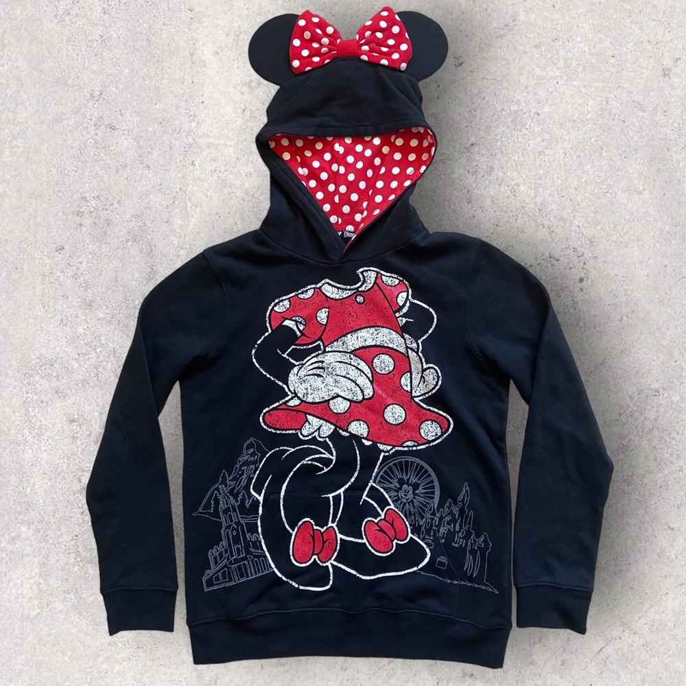 DISNEY PARKS Womens Hoodie Sweatshirt Size S Black Minnie Mouse Ears Bow